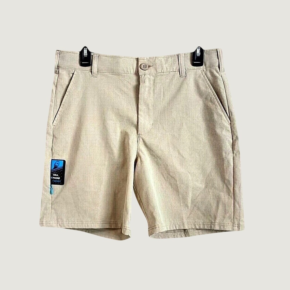 BirdieBound Men's Beige Flat Front Golf Shorts Waist 32x7 Cell Phone Pocket